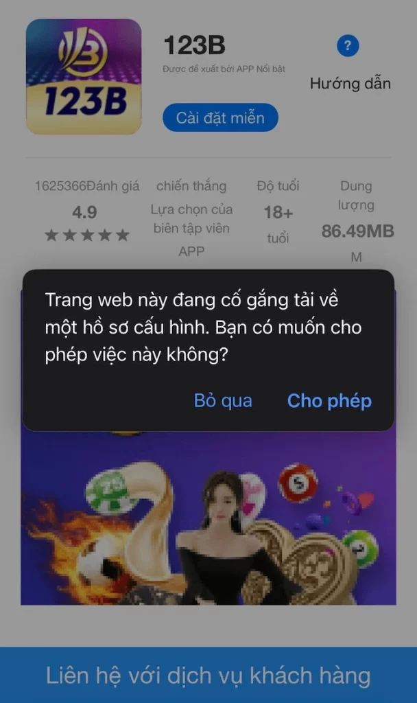 Bấm cho phép để cài đặt app 123B